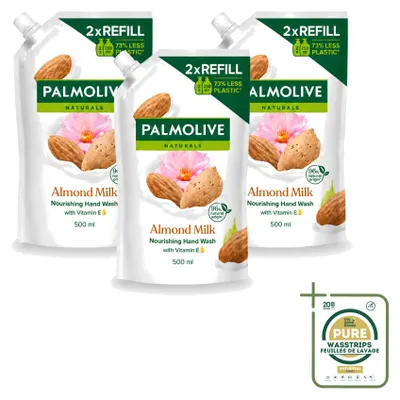Image de 3 flacons recharge de savon pour les mains Palmolive Naturals, lait d'amande, 500 ml - Pack économique - 3 pièces