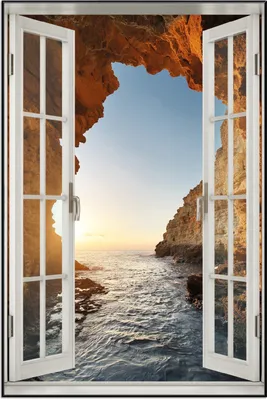 Produktbild von Wallario Wandbild mit Fenster-Illusion: Höhlen am Meer, Größe: 61 x 91,5 cm, Poster mit schwarzem Aluminiumrahmen