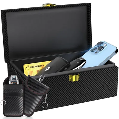 Image de Housse de protection pour clés de voiture Faraday, 2 pièces, taille XL, en fibre de carbone, pour systèmes Keyless Go, téléphones portables et cartes de crédit
