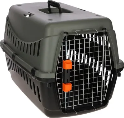 Image de Box de Transport Chien Chat, Kerbl Eco, 58 × 38 × 38 cm, Plastique Recyclé, Gris/Vert, Conforme IATA, Avec Gamelle