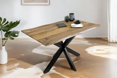Produktbild von Esstisch Tiger 160 x 85 cm, Mangoholz massiv & naturfarben, Baumkantentisch mit Spider-Metallgestell in Schwarz, echte Baumkante, Esszimmertisch in Vintage-Optik