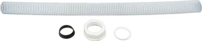 A white corrugated hose and three small plumbing fittings are laid out on a white background.