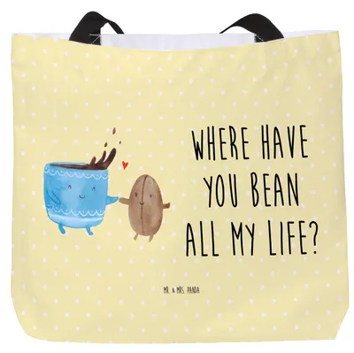 Produktbild von Mr. & Mrs. Panda Einkaufstasche Kaffee Bohne - Gelb Pastell - Geschenk, Tasche, Genuss, Zufriedenheit, Stoffbeutel, Kaffeebohne, Lustige Sprüche, Laptoptasche, Glück