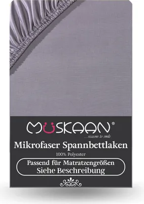 A close-up of a grey fitted sheet with elasticated corners, presented on a white background with product information text below.