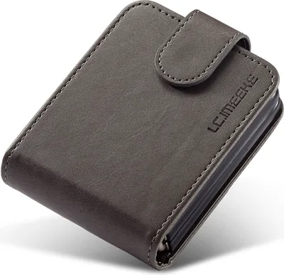 A close-up, angled view of a gray wallet case for a Samsung Galaxy Z Flip 3 5G.