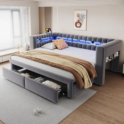 Produktbild von STILVORA Polsterbett 90/180x190 cm mit ausziehbarem Bett und Schubladen, Schlafsofa mit integrierten Staufächern und LED-Beleuchtung, Funktionsbett mit USB- und Typ-C-Anschlüssen,mit einer Matratze