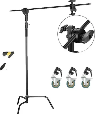 Produktbild von Fotografie C-Ständer, maximale Höhe 260 cm, schwere Edelstahl-Ausführung, 2.6m schwarzes Rad