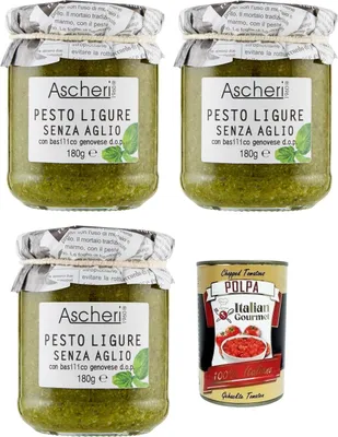 Produktbild von 3x Ascheri 1960 Pesto Ligure Senza Aglio con Basilico Genovese,Pesto Sauce Ohne Knoblauch mit Genuesischem Basilikum d.o.p. Glas 180g + Italian Gourmet Polpa di Pomodoro 400g Dose