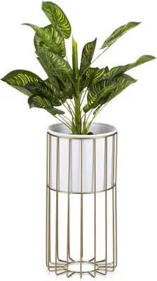 Produktbild von HowHomely Modern Pflanzenständer mit Topf, Blumenhocker aus Metall Gold 42 cm Höhe - Blumenständer für das Haus