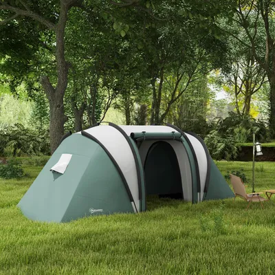 Produktbild von Campingzelt 4-5 Personen, Tunnelzelt Familienzelt, 3 Zimmer Schlafzelt, Polyester, Dunkelgrün | 450 x 220 x 180 cm | 8,44 kg | wasserfest