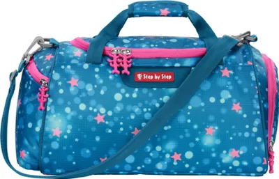 A studio shot of a blue duffel bag with a star and bubble pattern.