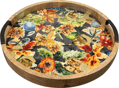 A round wooden tray with a colorful floral pattern on a dark background.