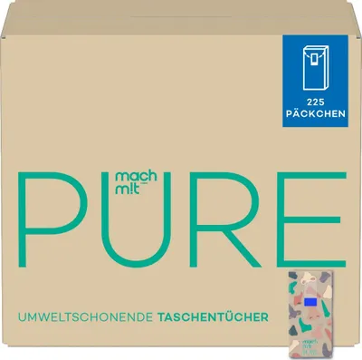 Produktbild von mach m!t PURE Taschentücher 4-lagig - extrem weich & frei von Bleichmitteln - Vorratspack 225x10 Pack -  Germany - aus recyceltem Karton