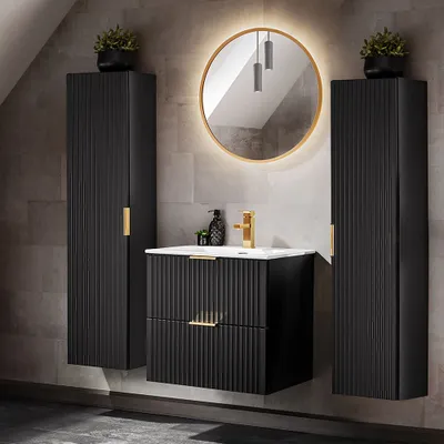 Produktbild von Badezimmer Möbel Set, 60cm Waschtisch mit Keramik Waschbecken, 2 Hochschränke, matt schwarz mit gerillter Front, ADELAIDE-56-BLACK, B/H/T ca. 160/200/46 cm