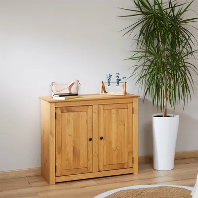 Produktbild von Kommode CANCUN zwei Türen aus Kiefer Natur, massives Kiefernholz, Metallgriffe, natürliche Holzmaserung, Flurkommode, Holzschrank, Esszimmermöbel