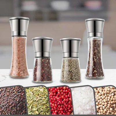 Obrázek produktu pro Sada keramických mlýnků, 4dílná, mlýnky na sůl a pepř, sada s nastavitelným keramickým mlecím mechanismem, mlýnky na bylinky, sůl a chilli z vysoce kvalitní nerezové oceli.