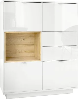 Produktbild von Vladon Highboard Sideboard Metro,  Germany, Korpus in Weiß Hochglanz / Fronten in Weiß Hochglanz mit Einsatz in Eiche Natur