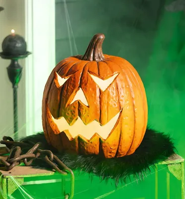 Produktbild von LED Kürbis "Spooky" aus Polyresin, orange, 33 cm hoch, Herbstdeko, Halloweendeko, Leuchtkürbis, Leuchtdeko, Halloween Deko, Kürbisdeko