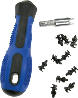 A tool set with a blue and black handle, a silver bit, and several black plastic fasteners, laid out on a white background.