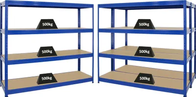 Produktbild von Mega Deal | 3x Schwerlastregal DINO | HxBxT 180x200x60cm | 4 MDF-Platten-Ebenen 6,5 mm | Fachlast 600kg | Blau