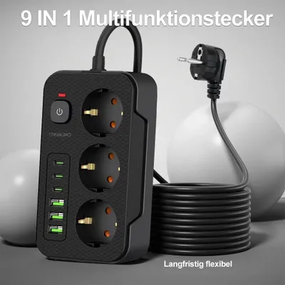 Produktbild von Steckdosenleiste 3-Fach 6 USB Mehrfachsteckdose mit Flachstecker und Schalter 2m