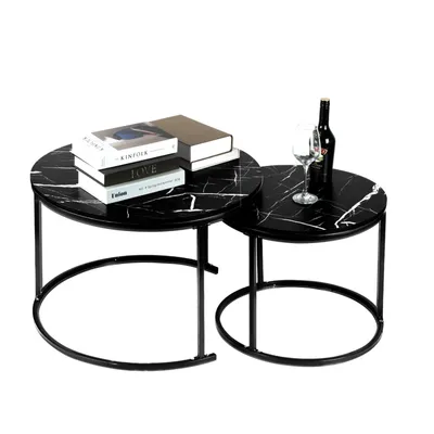 Produktbild von 2tlg Couchtisch Runder Kaffeetisch (70Ø+50Ø)cm mit Marmormuster,Schwarz