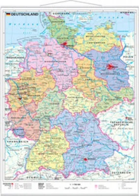 A political map of Germany hanging on a wall.