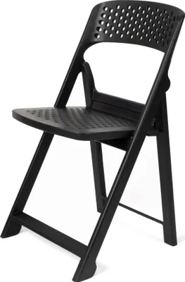A black folding chair shown from a three-quarter angle against a white background.