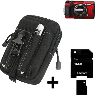 Produktbild von Kompatibel mit Olympus TOUGH TG-6 Gürteltasche / Holster schwarz Schutz Hülle Kameratasche Fototasche Case Bag + 16 GB Memorycard Extrafächer,