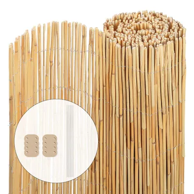 A rolled-up reed mat and a section of an unrolled mat, with a close-up inset showing two small, beige, rectangular accessories with holes.