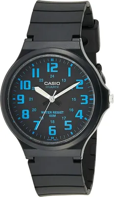 A black Casio watch with a black strap and a black dial with blue numbers and white hands.