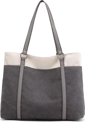 Image de Sac à main en toile pour femmes Sac à bandoulière Gris 41 cm Grand bureau École Travail