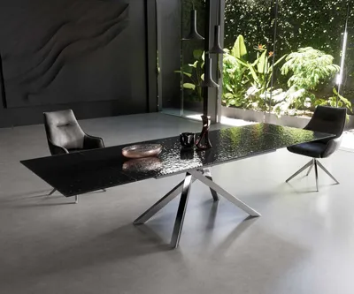 Produktbild von DELIFE Esstisch Edge 200-300x100 Reliefglas Rauchschwarz 3D-Design Kreuzgestell Rechteck Edelstahl ausziehbar