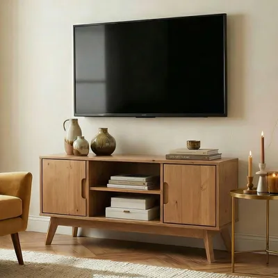 Produktbild von TV Lowboard TIVOLI 115cm, Eiche Finish - Kiefer Massivholz, schmaler Fernsehtisch mit Stauraum und offenem Fach, modernes skandi Design