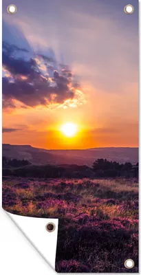 Produktbild von MuchoWow® 40x80 cm Outdoor-Poster Gartendeko Sichtschutz Garten Poster für den Garten  Sonnenuntergang in der Heidelandschaft