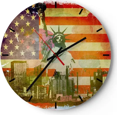 Produktbild von Wanduhr - Rund - Glasuhr - Symbol USA Freiheit - 40x40cm - Schleichendes Uhrwerk - Lautlos - zum Aufhängen bereit - Dekoration Modern - Wanddekoration aus Glas - C3AR40x40-2543