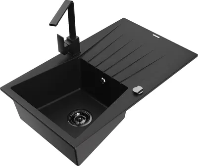 Produktbild von Mexen Cesar 1 Becken-Granitspüle mit Abtropffläche und Mischbatterie Rita, Schwarz - 6514-77-670300-70-B