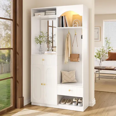 Produktbild von Kompaktgarderobe mit Spiegel und Sitzbank Flurgarderobe mit Schuhschrank und Haken Kleiderhaken Flurgarderobe LED-Streifen mit einstellbarer Farbe
