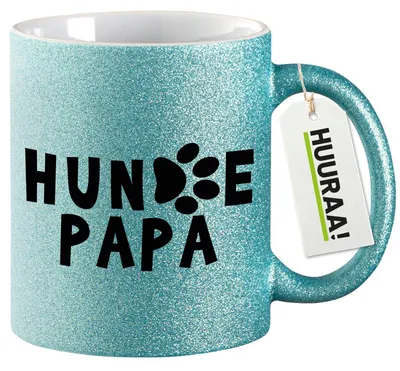 Produktbild von Huuraa Glitzertasse Hundepapa Tapse 330ml Blau Keramik Kaffeebecher Geschenkidee