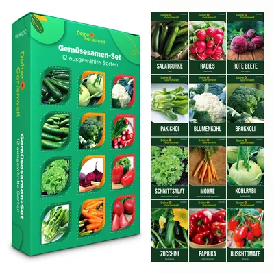 Produktbild von Gemüsesamen Set - 12 Sorten Samen - Saatgut Sortiment - Anzuchtset für Gemüsepflanzen - Geschenkset - Tomaten, Gurken, Radieschen, Zucchini, Paprika und mehr