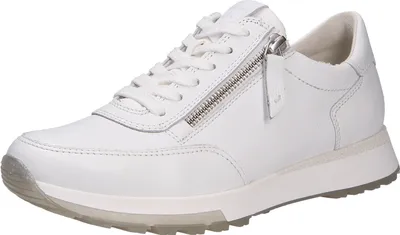 A white leather sneaker with a zipper detail is shown from a side angle against a white background.