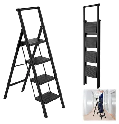 Produktbild von 4-stufige klappbare Trittleiter mit breitem rutschfestem Pedal und Handlauf, multifunktionale Haushaltsleiter bis 250 kg, schwarz für Haushalt und Küche