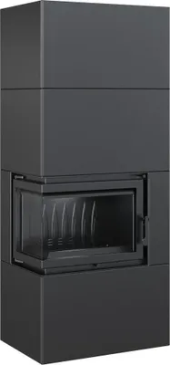 A modern, dark gray fireplace insert with a glass door.