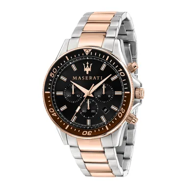 A close-up studio shot of a Maserati chronograph watch.