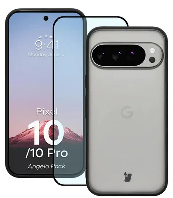 Produktbild von Schutzhülle + gehärtetem Glas für Google Pixel 10 / 10 Pro, Bizon Angelo Pack, Getönte mit schwarzem Rahmen