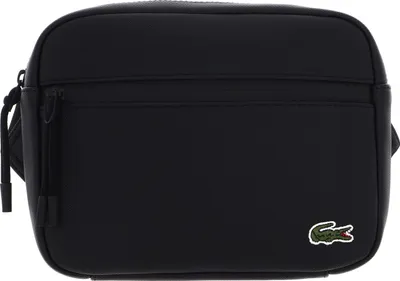 A black Lacoste reporter bag is shown against a white background.