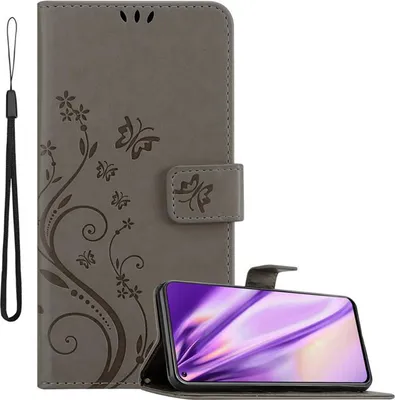 A gray flip phone case with a floral and butterfly design is shown, with a smartphone inserted into the case.