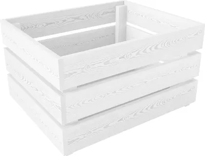A white wooden crate is shown against a white background.