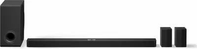 A soundbar system with a subwoofer and two satellite speakers, displayed against a white background.