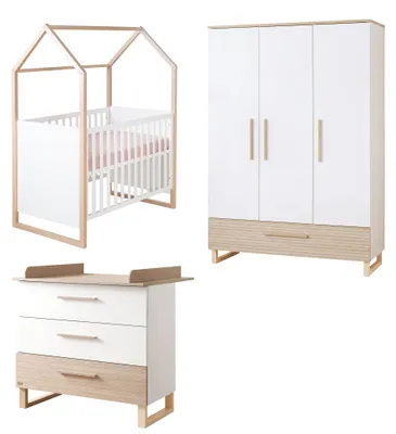 Immagine prodotto di Set per cameretta "Noah" – Set per cameretta neonato con lettino e culla (60 x 120 cm), comò con fasciatoio e armadio a 3 ante – Bianco e color cashmere